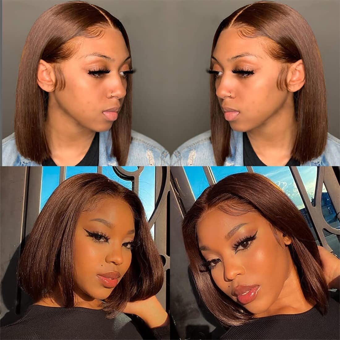 Density 4 Bone Straight Short Bob Human Hair Colored Chocolate Brown Transparent Lace Frontal Wig For Women