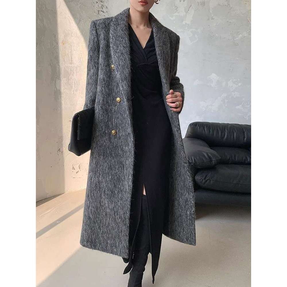 Women's Autumn Winter Fashionable Sophisticated Gray Hepburn Style Brushed And Thickened Coat