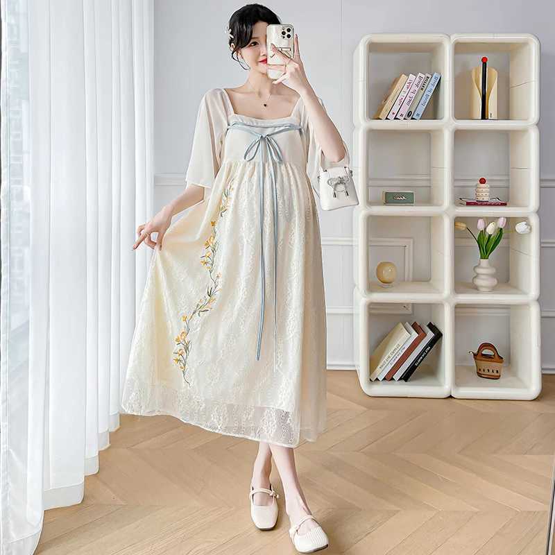 Summer Chinese Embroidered Lace Dress for Pregnant Women Hanfu Pregnant Womens Dress Sweet Square Neck Pregnant Womens Holiday Dress W241026