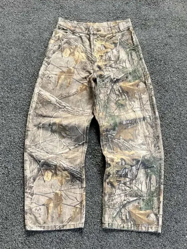 Fashion Street Camouflage Printed Straight Pants Mens Vintage Washed Wide Leg Trousers Male Summer Amrican Casual Beach Jeans 241025