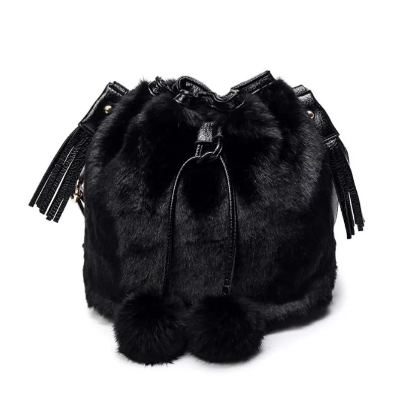 Womens winter fashion shoulder bag small fur faux fur bucket handle bag wallet cross body bag 241025