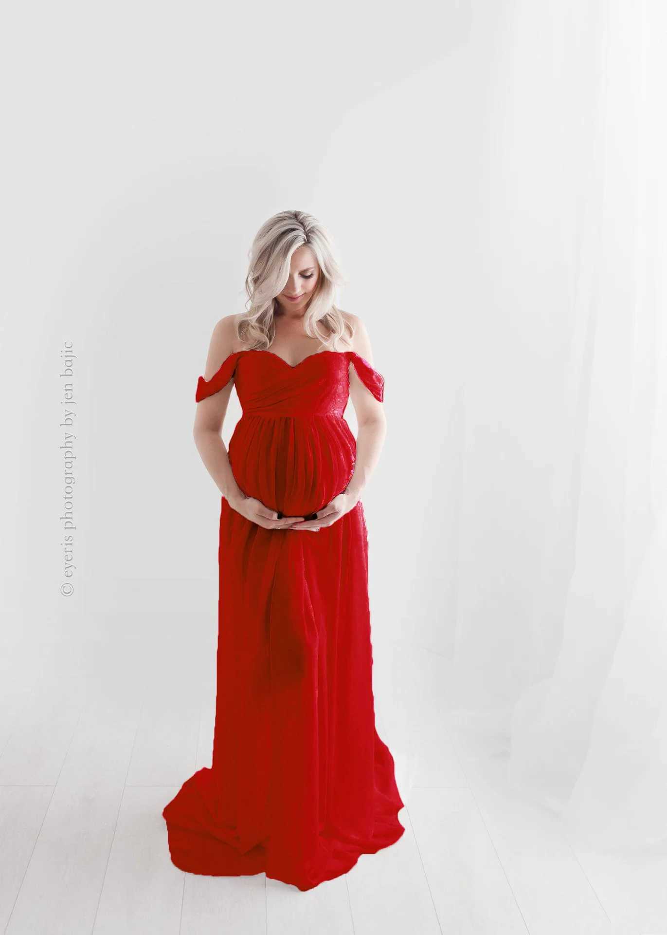 Pregnant womens dress shoulder short sleeved mesh transparent split type long pregnant womens dress taken in the photo W241026