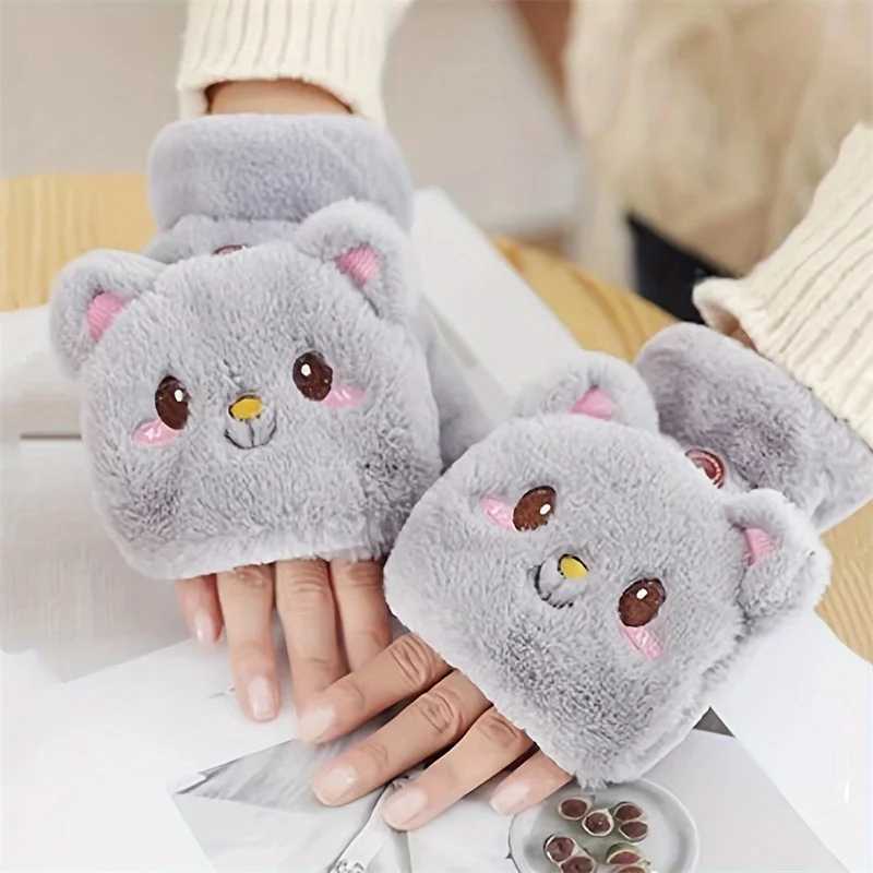Fashionable womens plush warm G fur cat gloves with lapel fingers G soft girl thick flexible half finger winter Gs W241026