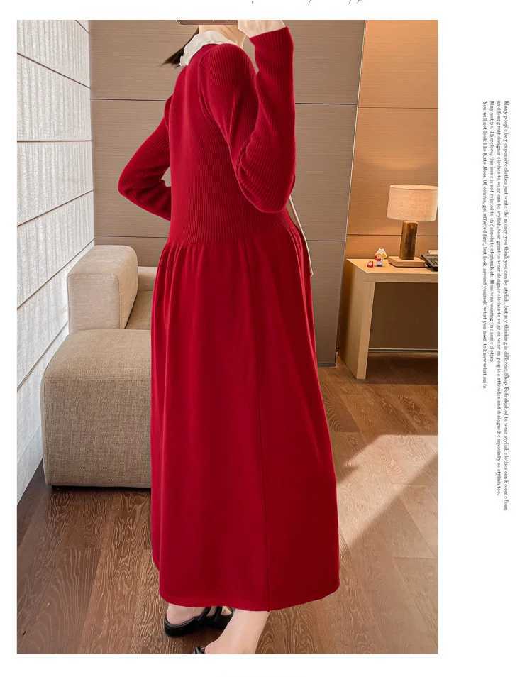 Autumn and winter pregnant womens knitted dress with sweet bow collar loose pregnant womens pleated dress New Years dress W241026