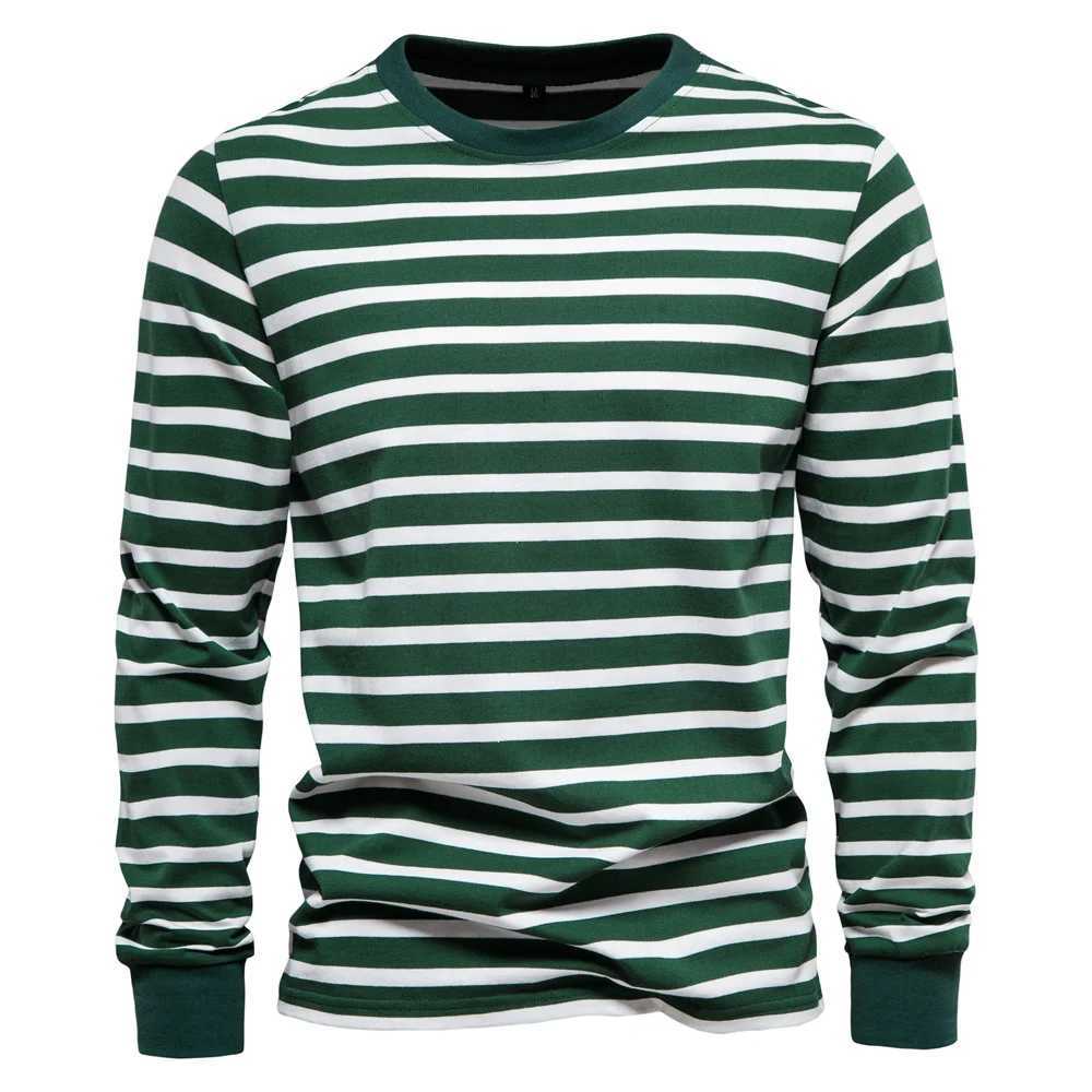 Simple striped printed mens T-shirt fashionable and comfortable cotton long slip casual T-shirt O-neck zipper autumn loose top W241026