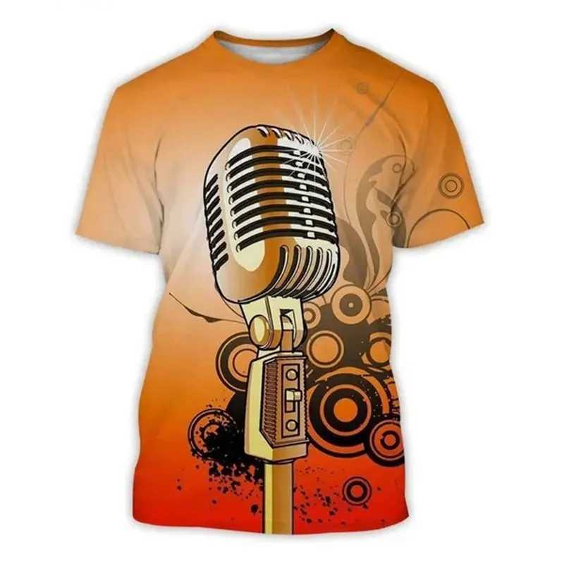 New Summer Microphone Pattern 3D Printed T-shirt Personalized Fashion Mens Round Neck Top Hip Hop Short Sleeve Clothing W241026