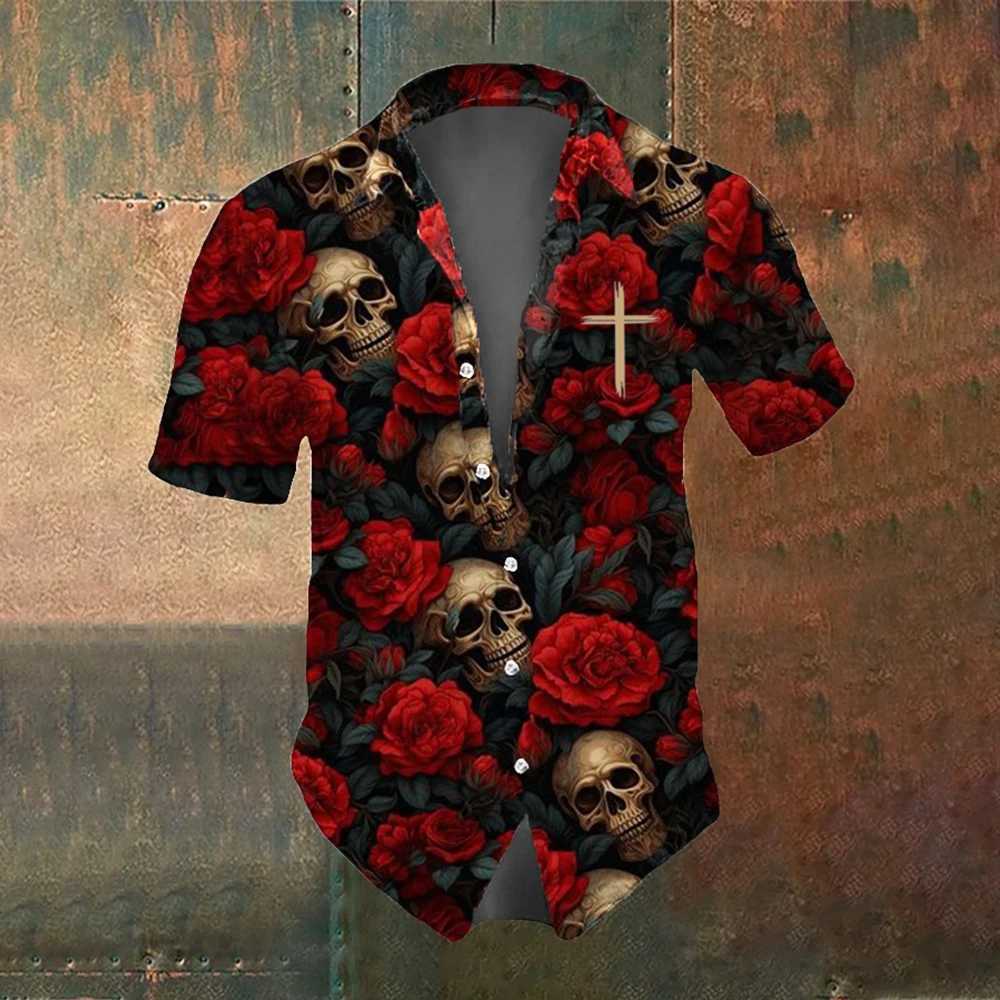 Skeleton Summer Mens Short Sleve Shirt Strt Fashion Top Rose Skull Pattern Mens Casual Oversized Shirt W241026