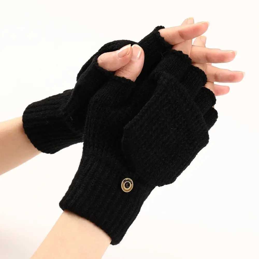 1 pair of knitted thick flap Gs classic solid color exposed Gs soft crochet finger gloves winter warm gloves W241026