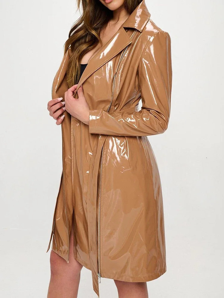Elegant and shiny patent leather trench coat womens fashionable long sleeved jacket with pockets synthetic latex PVC zipper jacket customized 241025