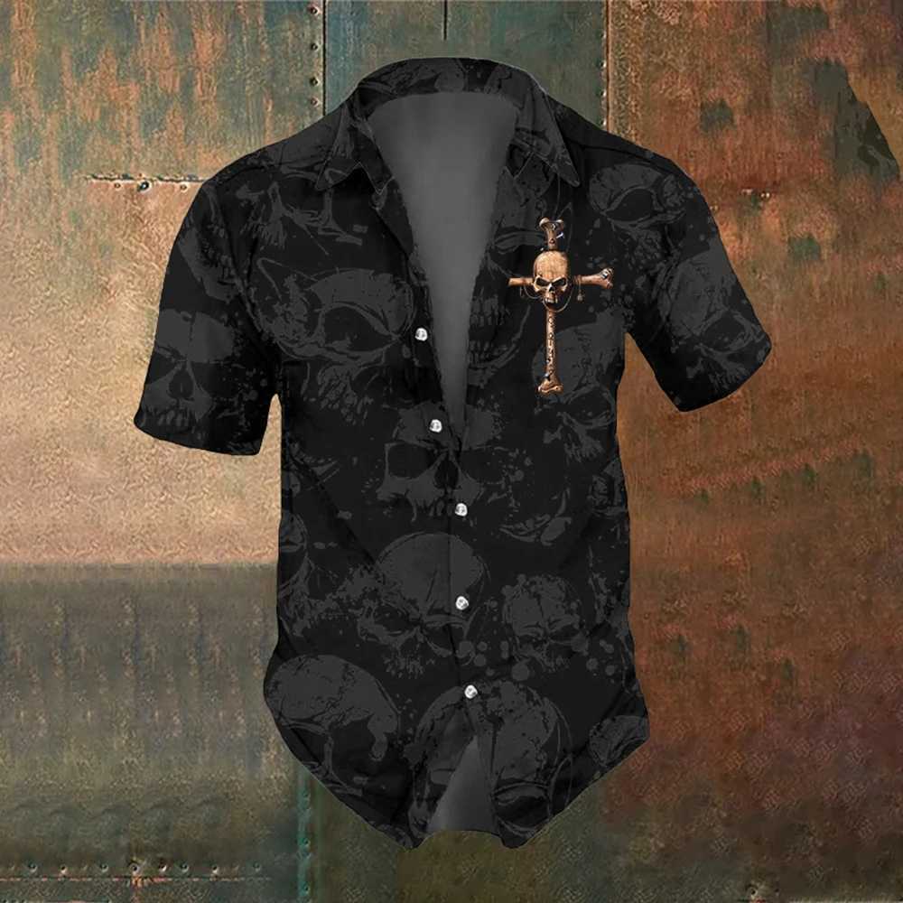 Skeleton Summer Mens Short Sleve Shirt Strt Fashion Top Rose Skull Pattern Mens Casual Oversized Shirt W241026
