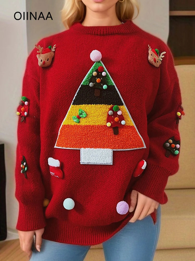 OIINAA Christmas Knitted Sweater Women Oneck Pullover Loose Fashion Autumn Winter Female Long Sleeve Casual Knitwear 241025