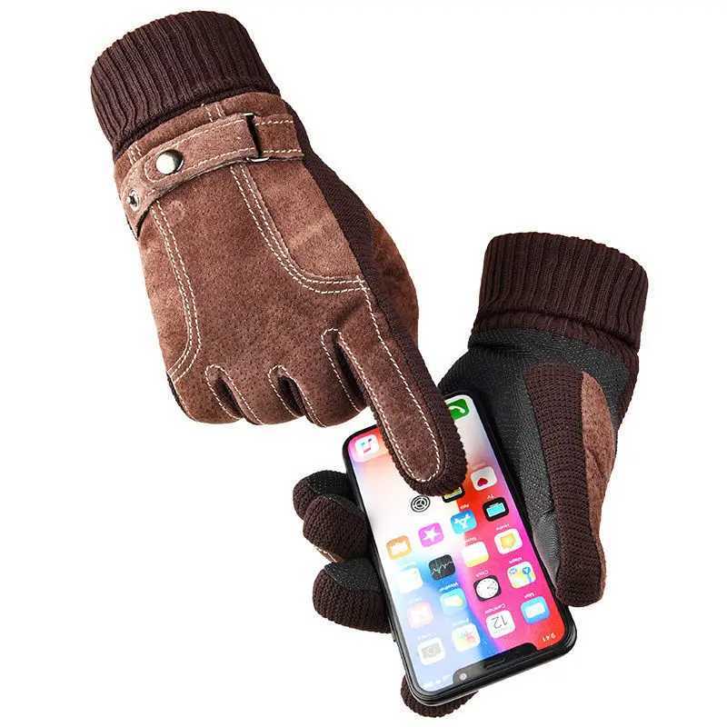 Mens leather Gs winter bicycle pigskin Gs warm wool Busin thick touch screen outdoor motorcycle anti-skid Gs W241026