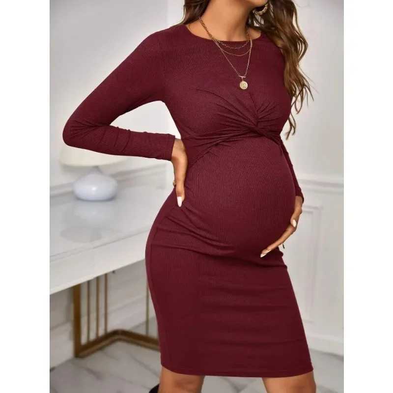 Hot selling round neck tight solid color short maternity dress long sleeved knitted maternity dress W241026