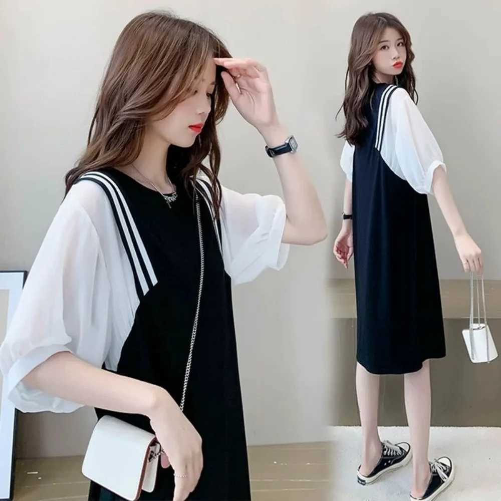 New maternity clothing set summer short sleeved Koto top shoulder strap chiffon dress diagonal loose maternity dress W241026