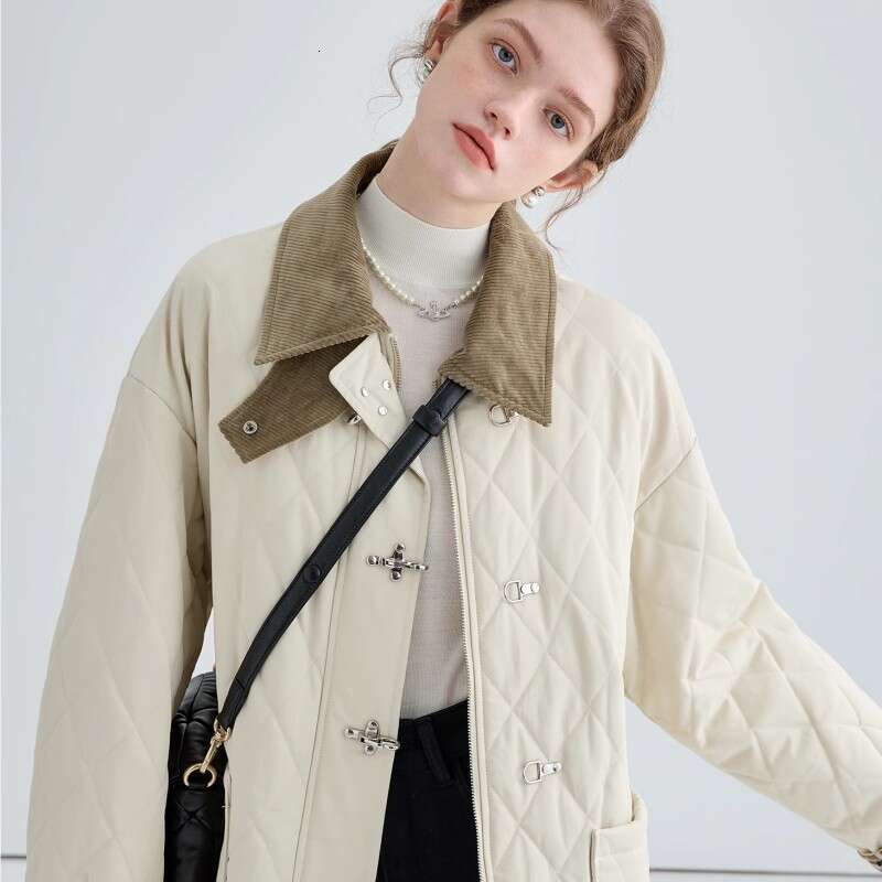 Square Collar Aircraft Button For Women In 2023 Winter Design, With A Patchwork Dia Checkered Cotton Jacket