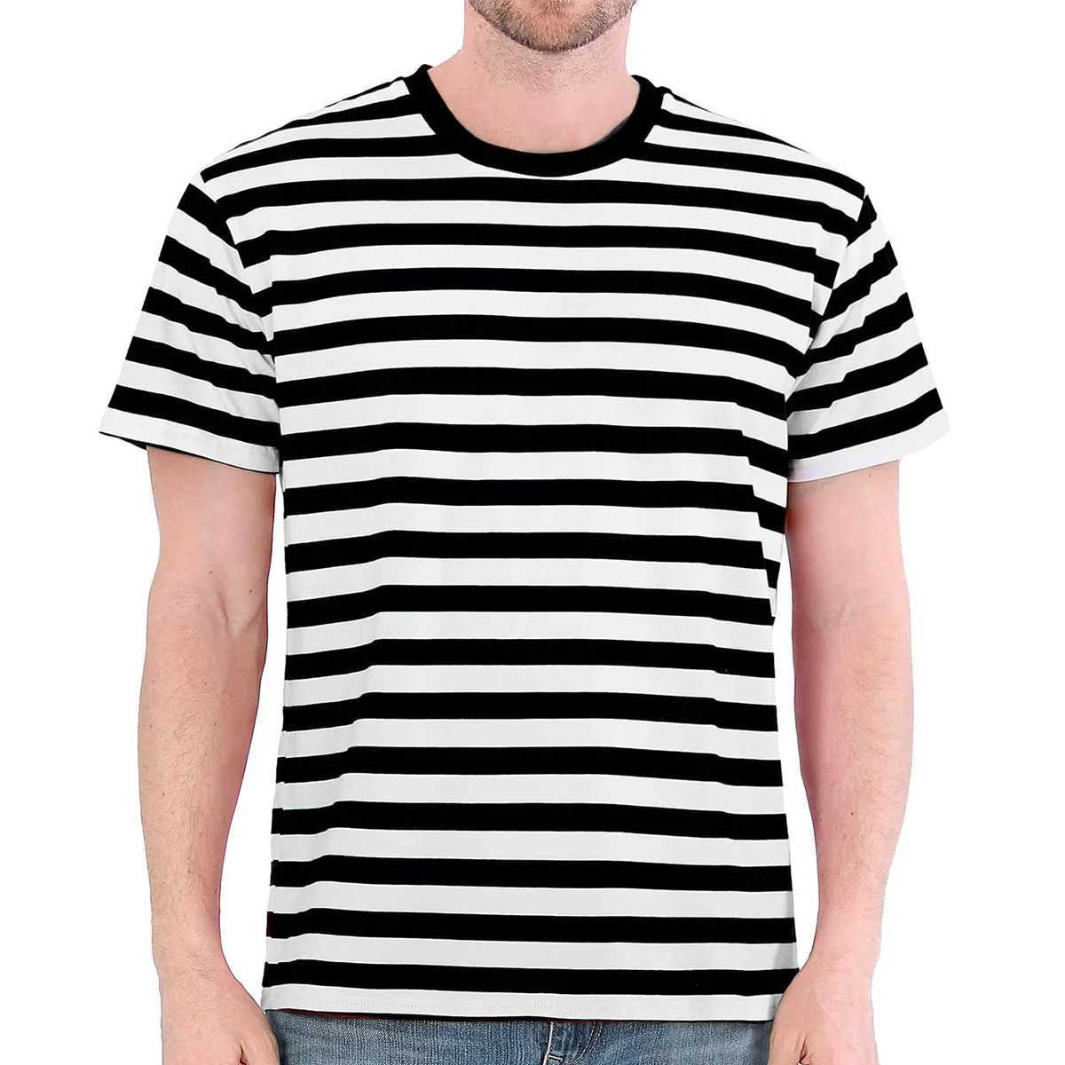 Black and white striped mens pure cotton short sleeved casual basic T-shirt summer fashion Japanese clothing W241026