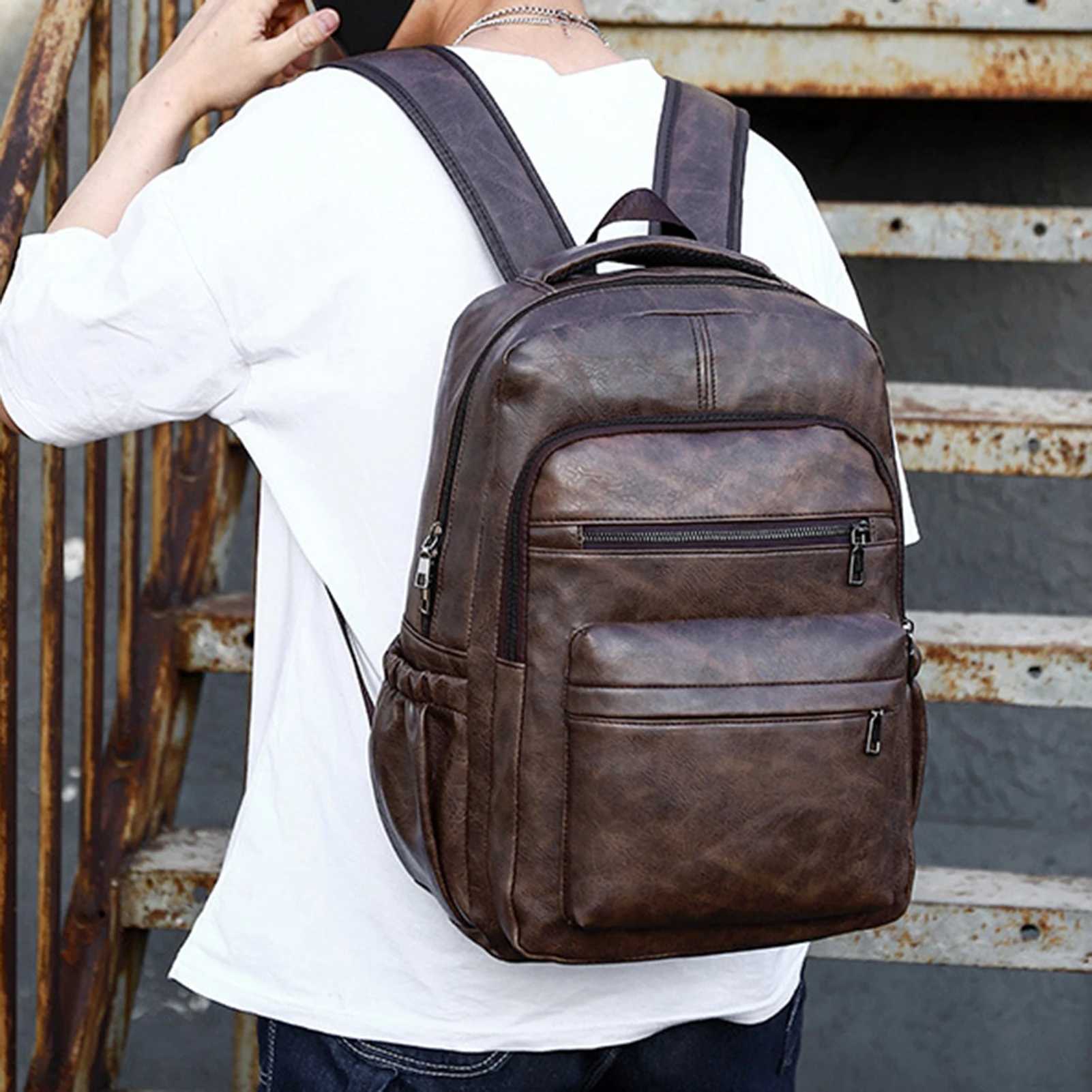 Men Business Travel Laptop Backpack Large Capacity Waterproof Scrah-resistant Anti-theft PU Leather Outdoor Computer BackpacksXJ241026