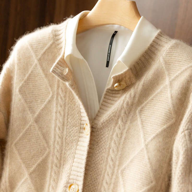 2021 Autumn/Winter New Cashmere Women's Round Neck Cardigan Sweater Coat Twist Loose Large Size Knit 100% Wool
