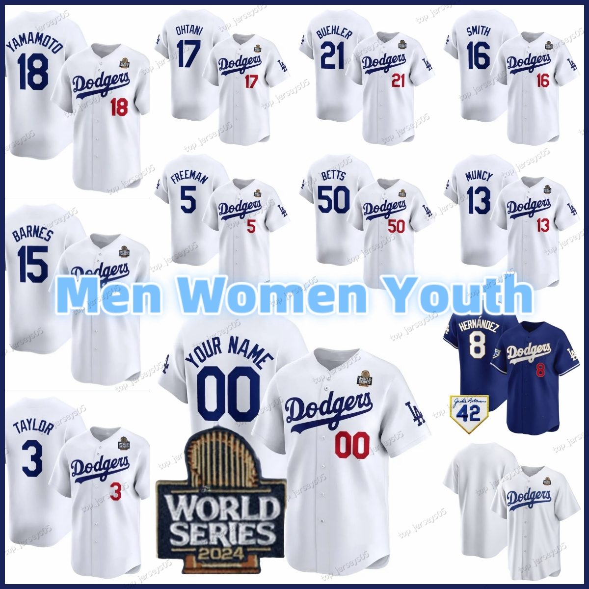 Custom Baseball World Series Jersey Shohei 17 Ohtani Mookie 50 Betts 5 Freeman Clayton 22 Gavin 9 Lux Yoshinobu 18 Yamamoto 34 Valenzuela 37 Hernandez 16 Smith