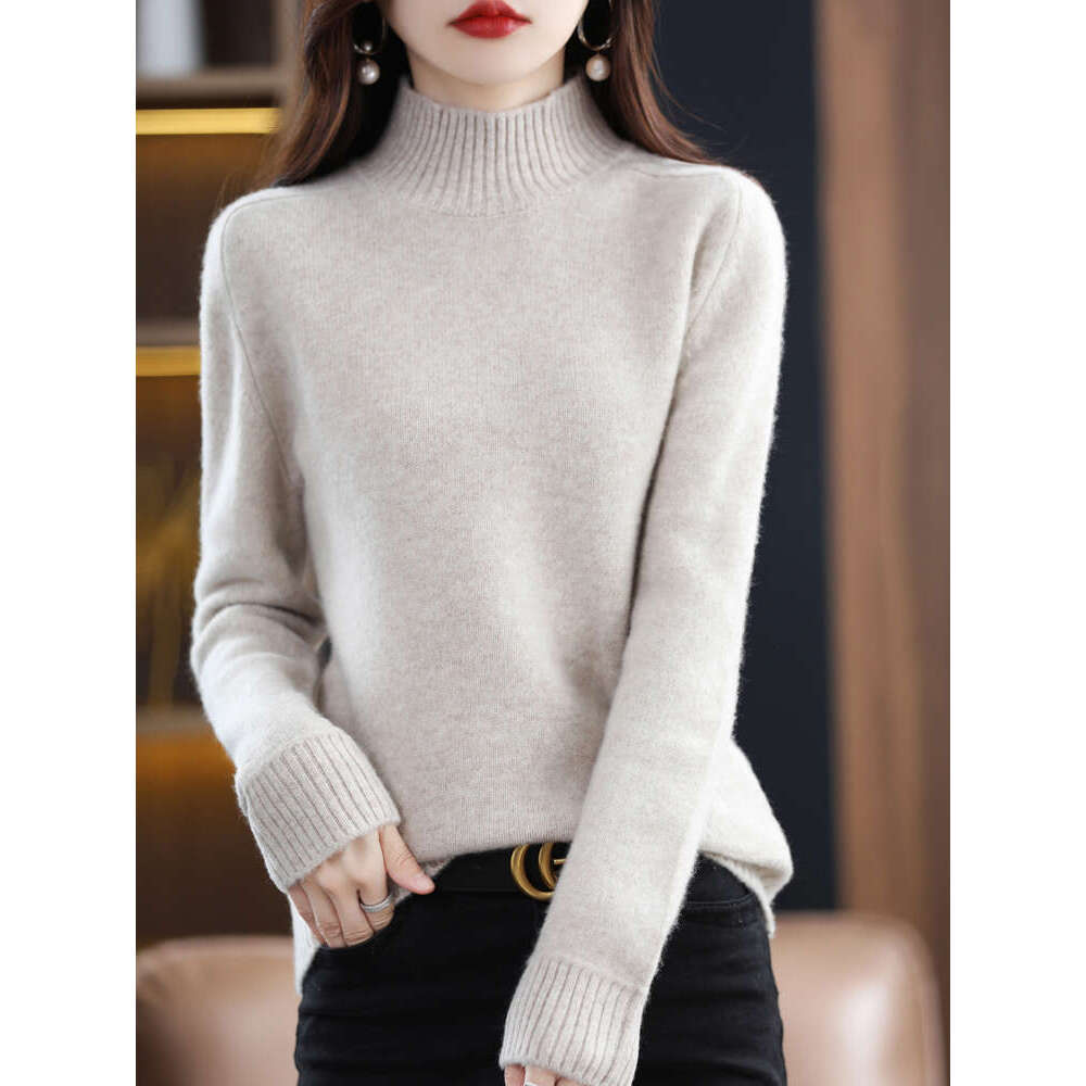 100% Merino Wool Pullover Sweater Women Mock Neck Basic Long Sleeve Autumn Winter Cashmere Knitted Jumper Korean Fashion Tops