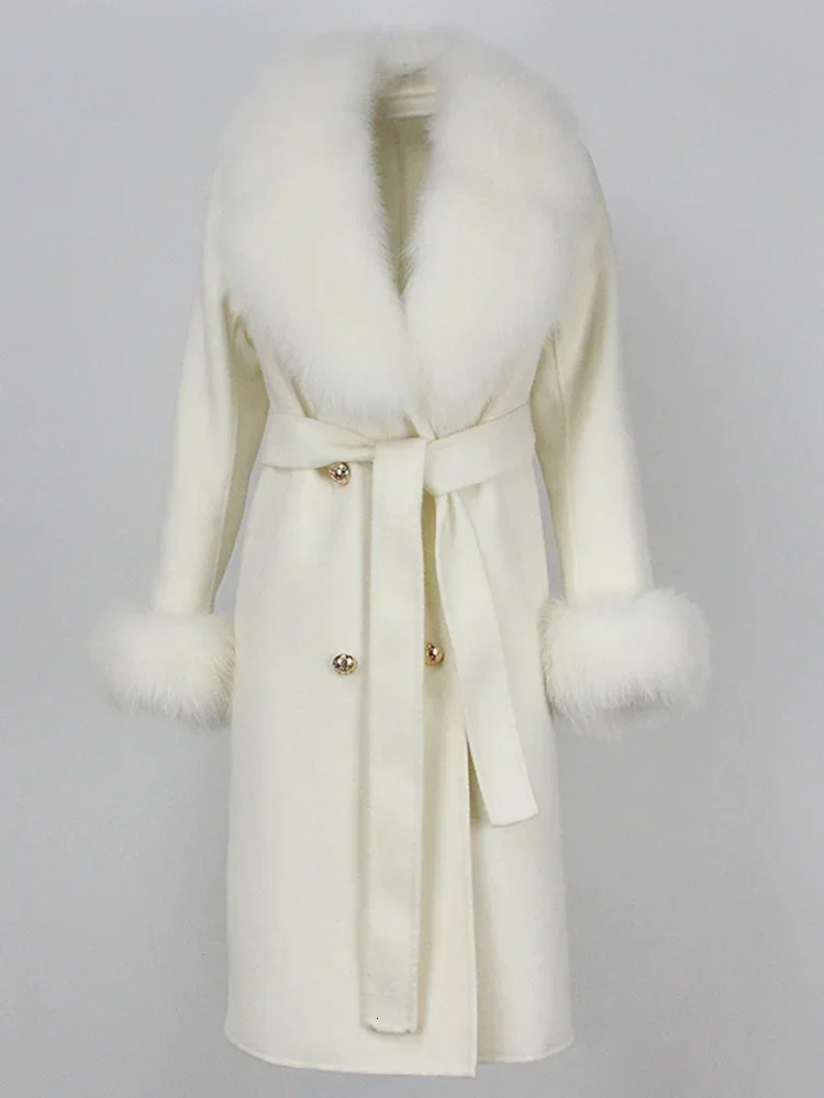2024 Winter Jacket Women Long Natural Wool Blends Cashmere Real Fur Coat Double Breasted Belt Warm Streetwear Fashion y241025