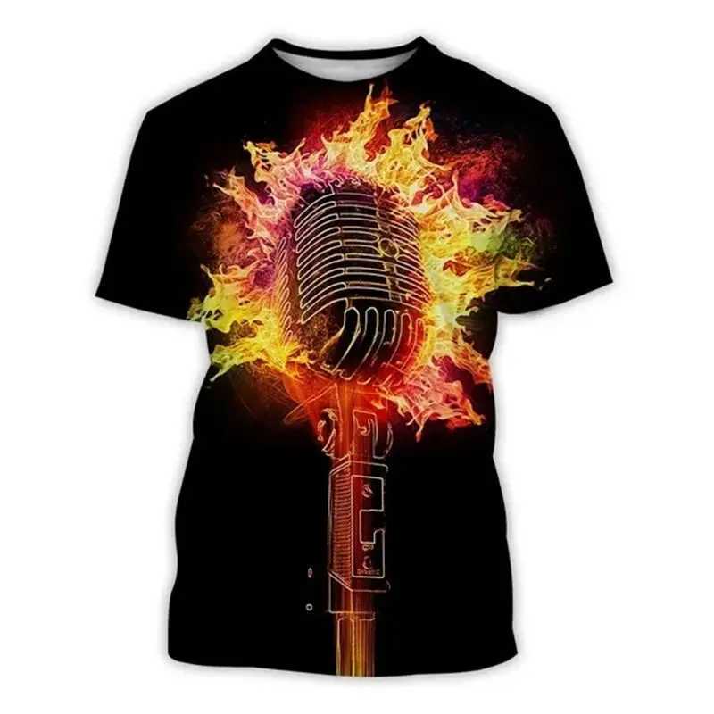 New Summer Microphone Pattern 3D Printed T-shirt Personalized Fashion Mens Round Neck Top Hip Hop Short Sleeve Clothing W241026