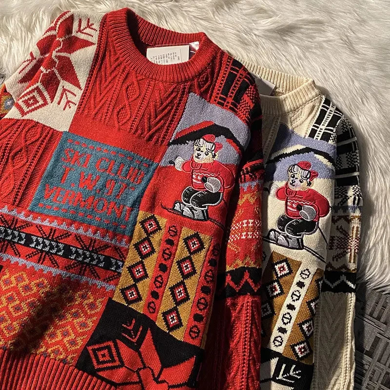 Round neck sweater Christmas Y2K retro bear ladies and men loose autumn winter fashion woolen clothes trend ins 241025