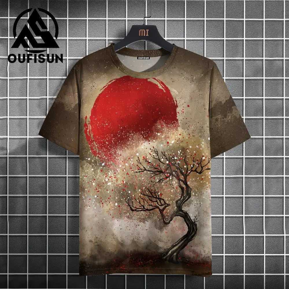 Japanese style mens T-shirt warrior pattern printed T-shirt casual loose shorts Ts oversized mens summer top W241026