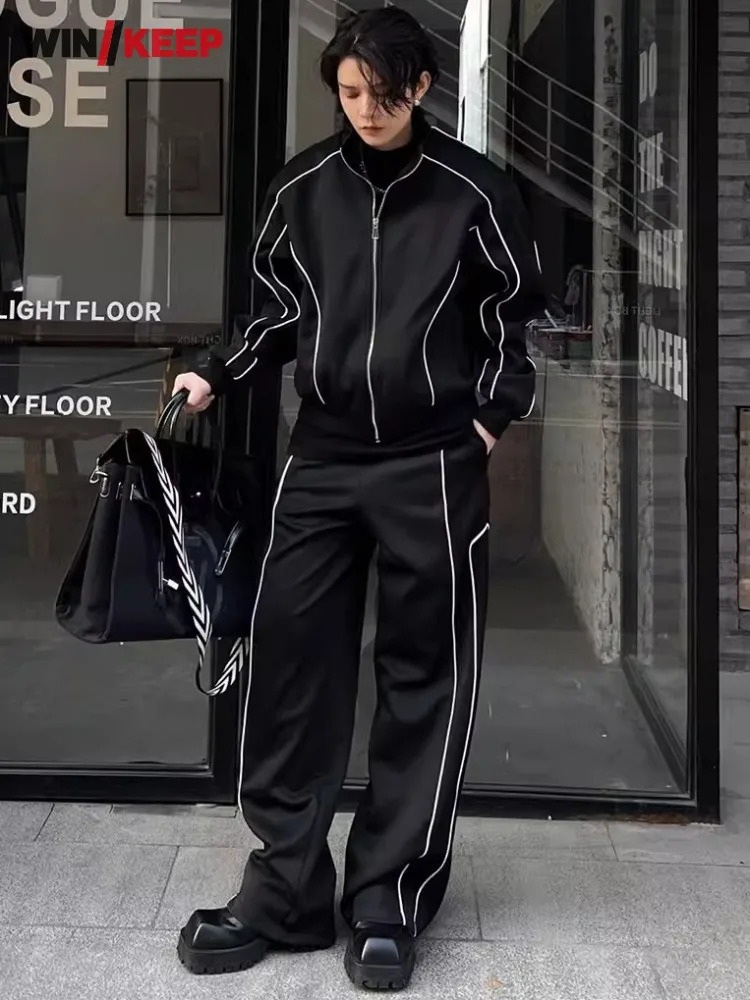 Spring Autumn Long Sleeve Stand Collar Jacket Wide Leg Pants Mens Two Piece Set Loose Fit Running Tracksuit Male Sport Sets 241025