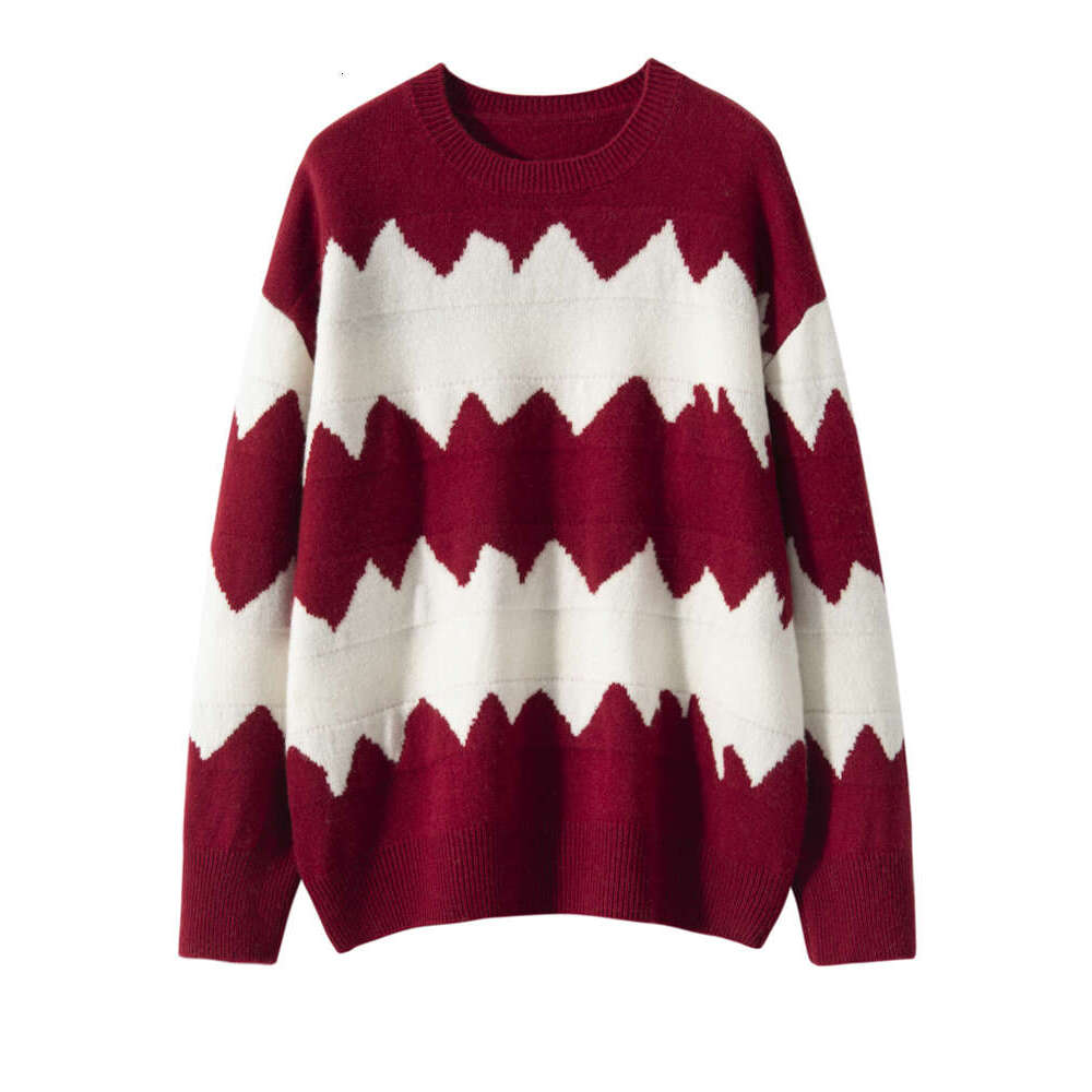 New 100% Knitwear Women's O-Neck Sweater Zigzag Striped Pullover Casual Loose Style Autumn Winter Thick Cashmere Tops