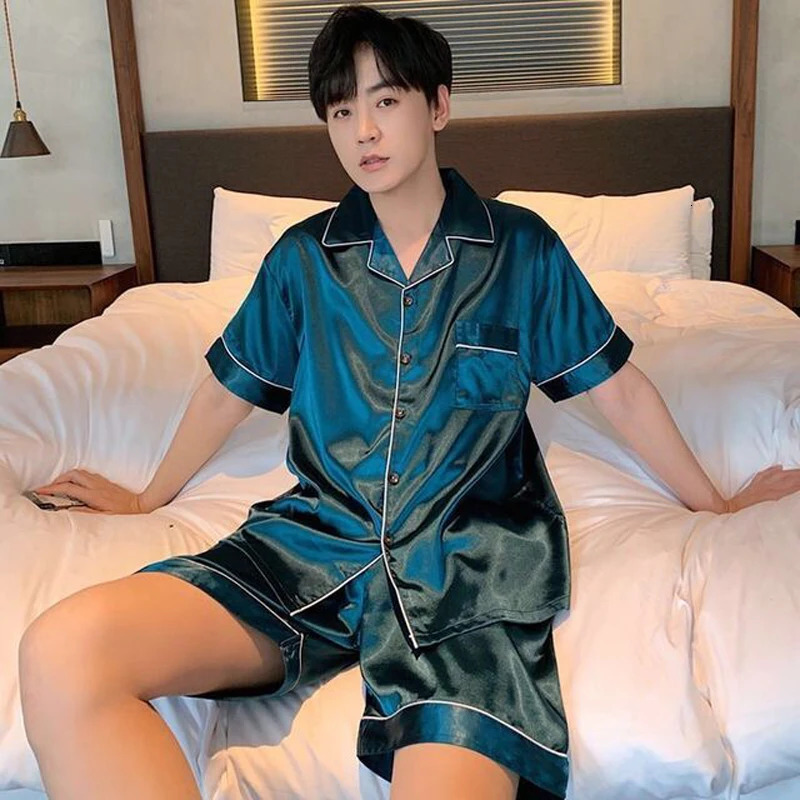 Summer Pajamas For Man Big Size Satin Mens Pajama Sets Shorts Silk Short Sleeve Sleepwear Home Pijama Night Wear Loungewear 241017