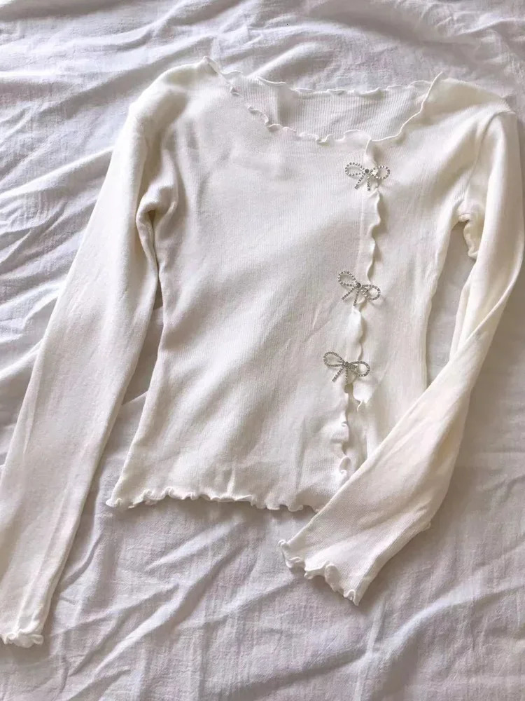 2024 BlackWhite Solid Lettuce Trim Bowknot Pullover Sweater Y2K Casual Long Sleeve For Spring Fall Womens Clothing 241025