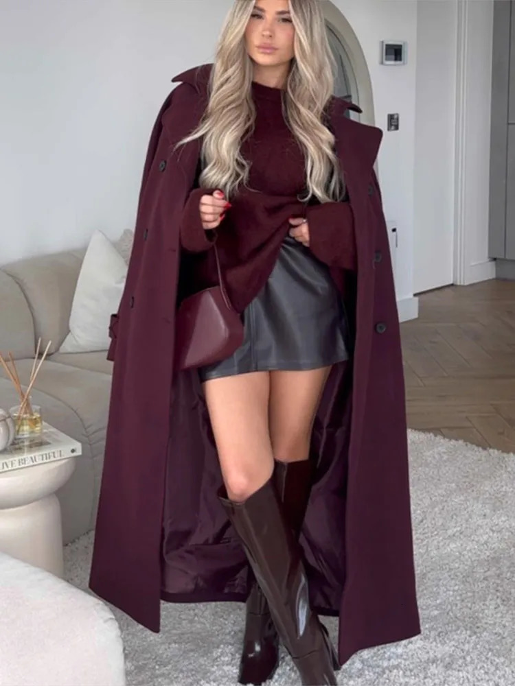Elegant Burgundy Buttons With Belt Long Coat Women Fashion Lapel Full Sleeves Wool Blends Jacket 2024 Office Lady Outerwear 241025