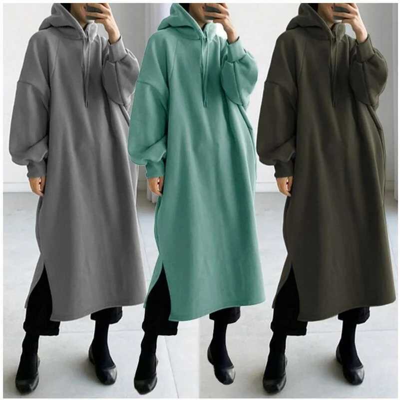 Womens long sleeved sweater autumn loose casual womens warm wool hooded zipper top W241026