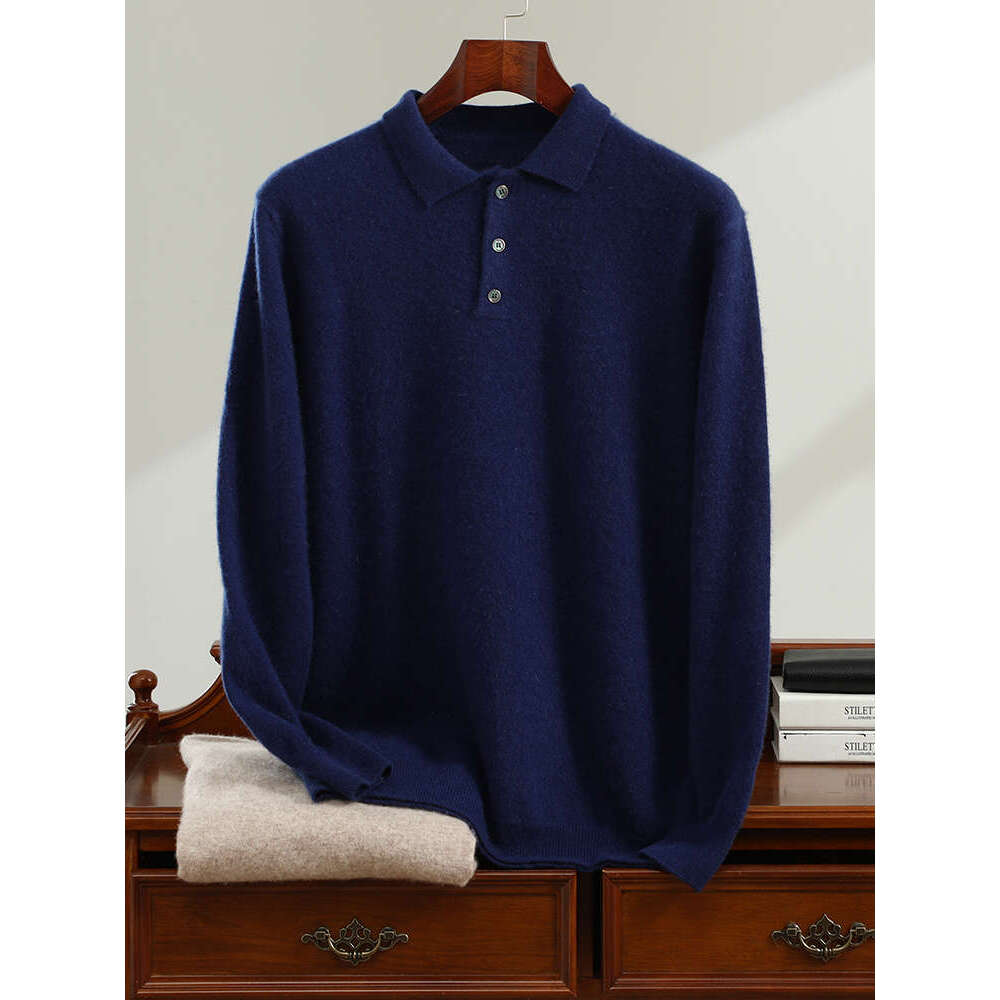 High-End Spring Autumn New Men's Sweater 100% Goat Cashmere POLO Neck Pullovers Youth Pure Color Jumper Men Large Size Knitwea
