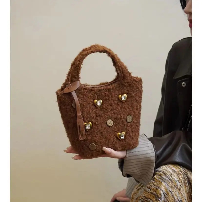 Miyagawa Autumn/Winter Ten Font Diamond Plush Bag for Women Handheld Mini Bucket Bag 241025