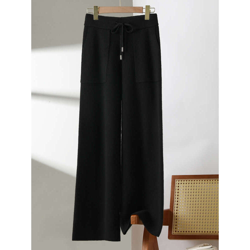 Autumn Winter New 100% Pure Wool Wide Leg Ladies Thicken Pocket Straight Pants Casual High Waist Warm Knit Trousers Female