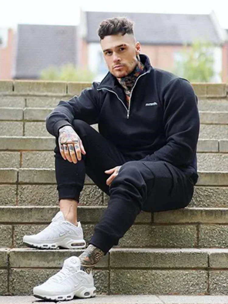 Muscle Sports Suits Mens Autumn Cotton LongSleeved TwoPiece ZipUp Pocket Cargo Pants Polo Shirts Fashion Tracksuit 241025