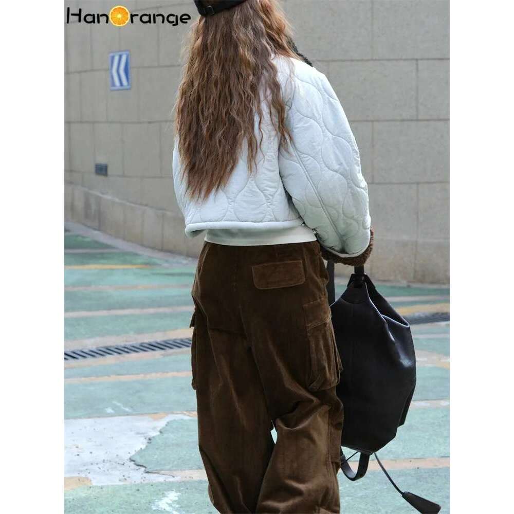 Hanorange 2024 Autumn Winter Fashion Stand Collar Quilted Cotton Women Silhouette Warm Short Jacket Light Gray/Gray Green