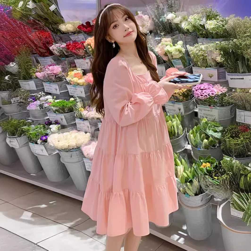 New Ins style pregnant womens spring and summer dresses sweet pink doll dresses Chinese New Year summer Komatsu A-line skiing W241026