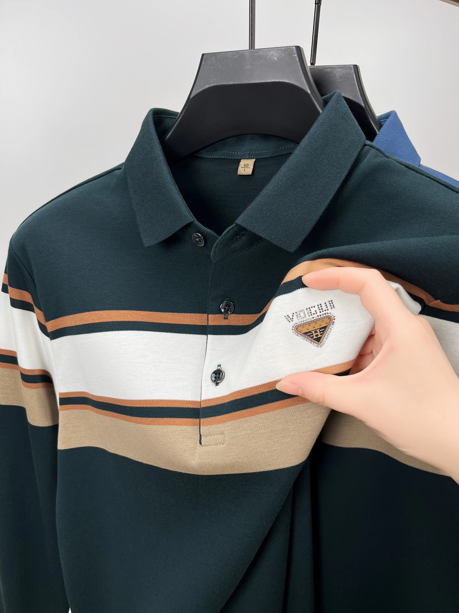 High end long sleeved mens polo shirt autumn fashion custom badge comfortable cotton golf top casual business Tshirt 241025