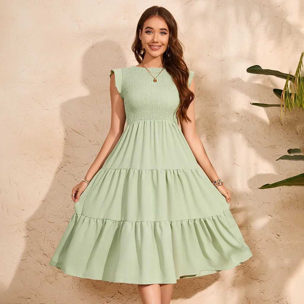 Summer 2014 European American womens short sleeved pleated layered dress chiffon maternity dress with wide hem W241026