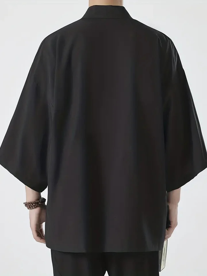 Mens Lightweight Kimono Shirt Seven Sleeve Open Front Cardigan Japanese Style Yukata Bathrobe Samurai Clothing 241025