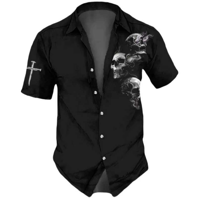 Horror Skull Print Mens Summer Hip Hop Style Short Sleve Collar Mens T-shirt Haian Beach Holiday Shirt W241026
