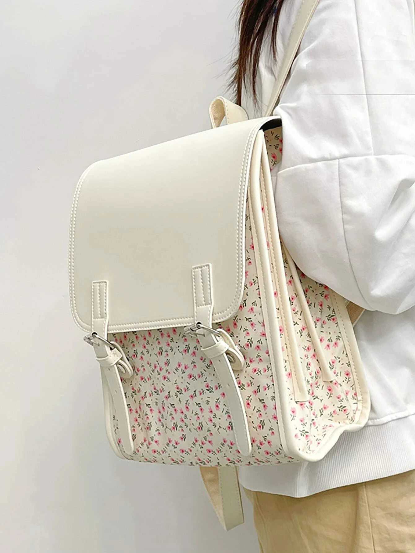 Business Casual Portable Ditsy Floral Buckle Decor Flap Backpack For Teen Girls Women Large Capacity Fiable SchoolbagXJ241026