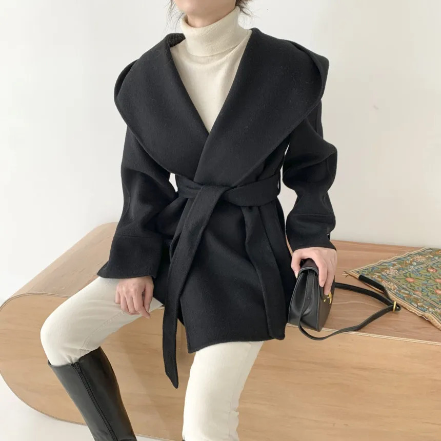 Elegant Wool Blends Coat Korean Black Hooded Woolen Jackets Ladies Fashion Bandage Overcoat Winter Commute Outerwears 241025