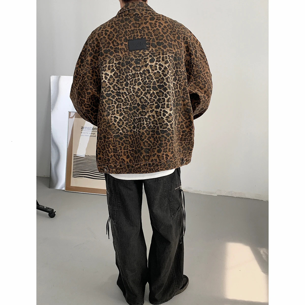 Hip Hop Mens Vintage Leopard Print Denim Jackets 2024 Autumn Fashion Lapel Collar Zipper Jacket Coat Holiday Streetwear 241025