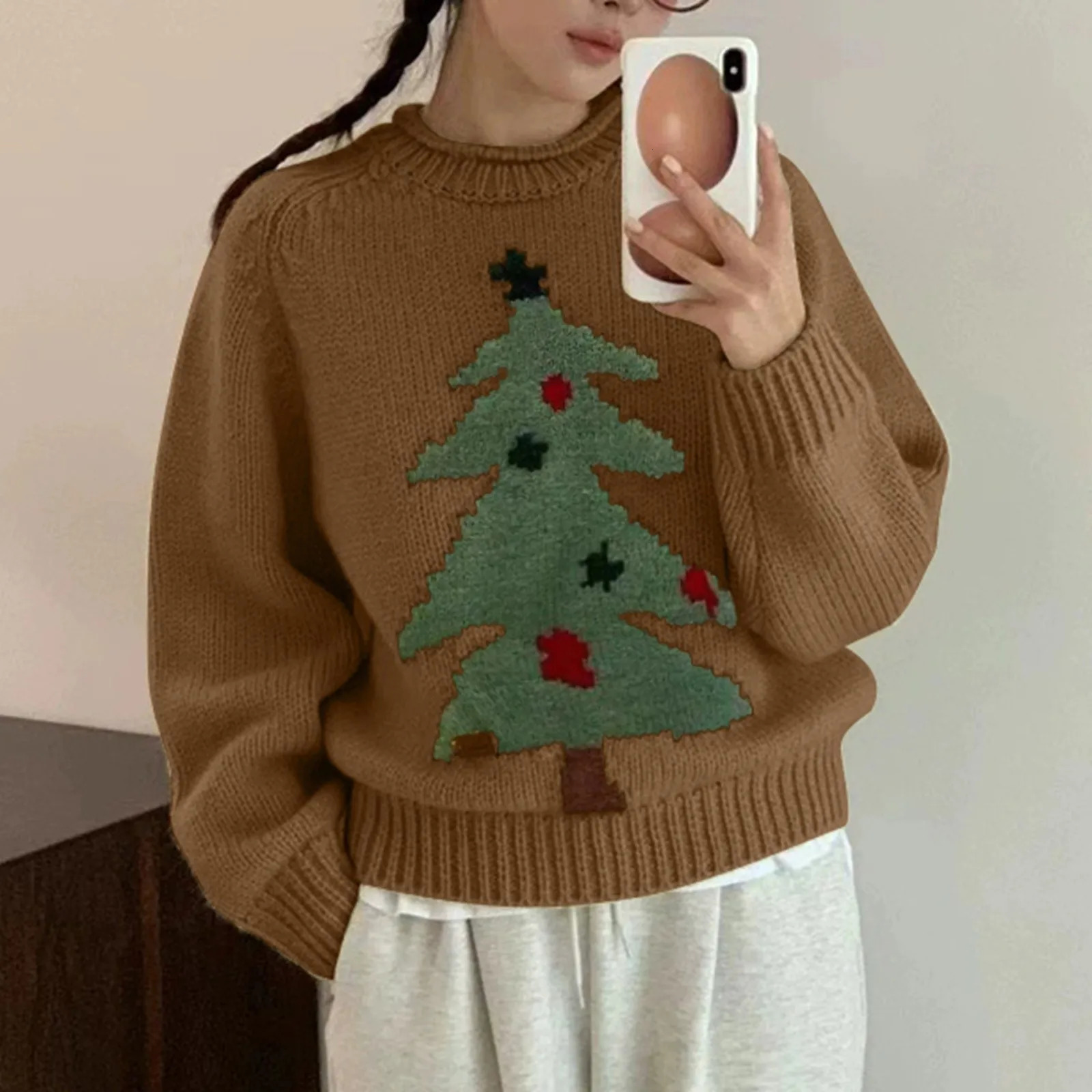 Christmas tree print collar knitted sweater for autumn and winter casual long sleeves with floral pattern loose young sweater top 241025
