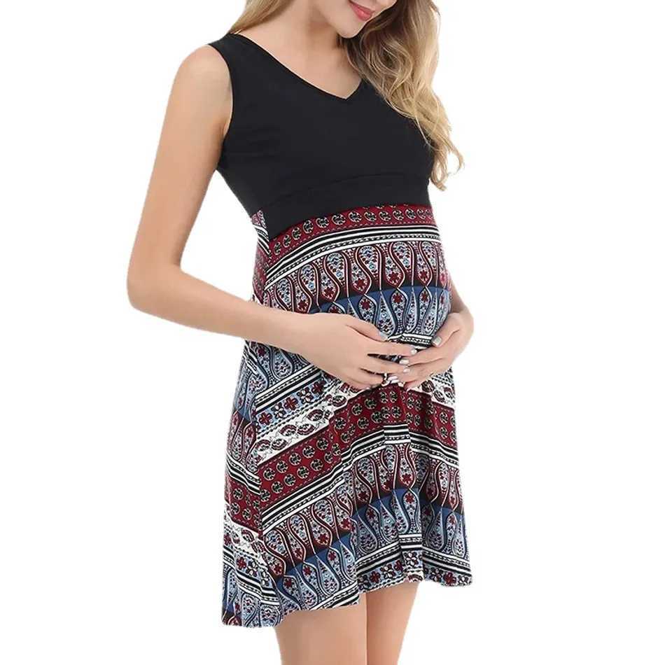 Summer dress for pregnant women black printed V-neck fashionable and comfortable breathable sleeveless care for pregnant women W241026