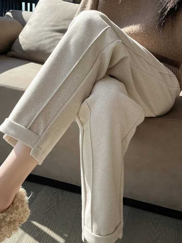 High waisted thick tweed straight pants for autumn and winter new loose casual herringbone warm thick cut pants M241111